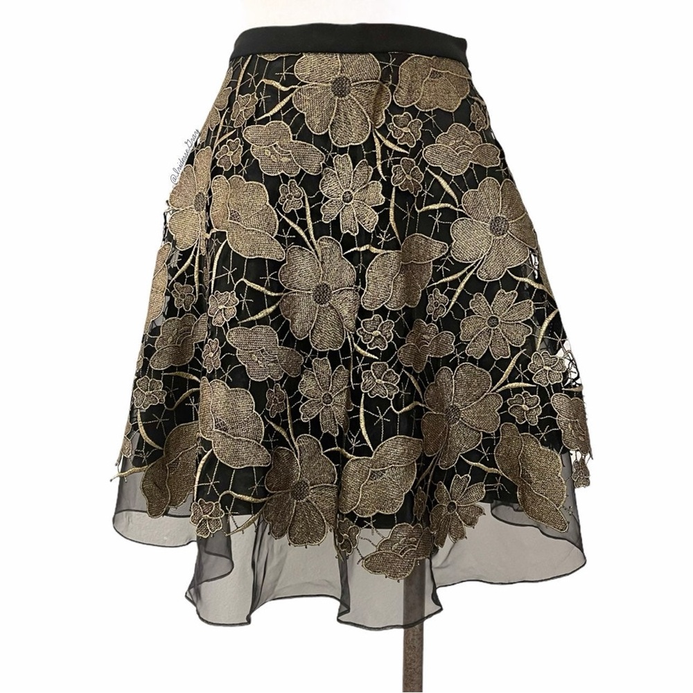 ANTHROPOLOGIE EVA FRANCO Black and Gold Floral Lace Layered Skirt 6 - Picture 4 of 6